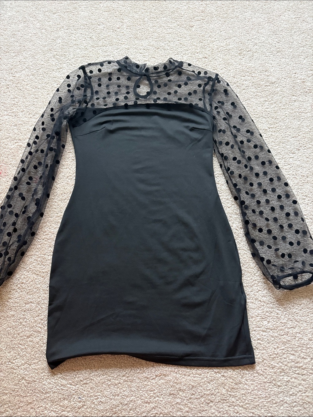 SHEIN Black Sheer Polka Dot Long Sleeve Bodycon Dress
